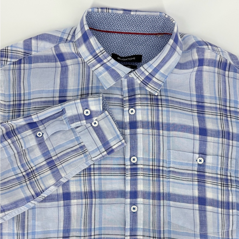 Bugatchi Linen Plaid Button Up Shirt Men’s XL Blue Shaped Fit Roll Tab Sleeve
